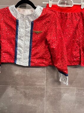 Red Sequin Dance Costume Set with Silver Trim